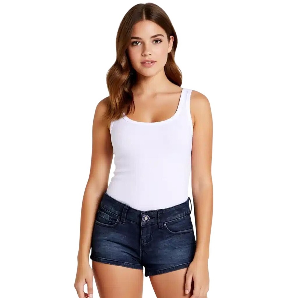 Guess Womens Dark Wash Denim Booty Shorts Rhinestone Logo Low Rise Size 24 NWT